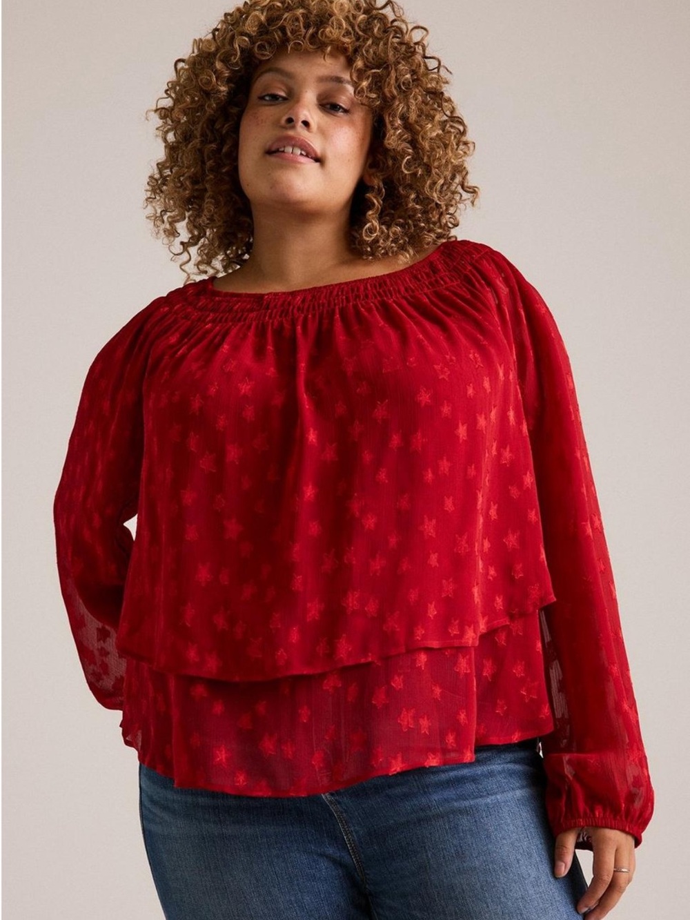 FESTI Red Star Print Sheer Flowy Blouse Tie Back Long Sleeve Size 2